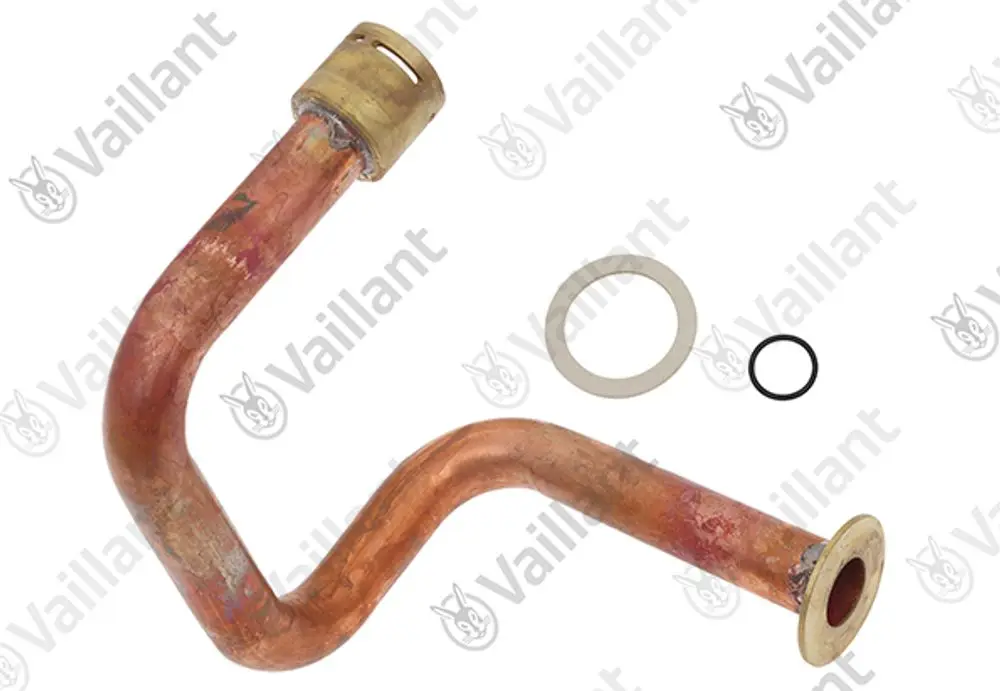 Rohr von Vaillant in gebogener Form, aus Kupfer, mit zwei Verbindungsteilen. Dazu gehören zwei Dichtungen in verschiedenen Größen.